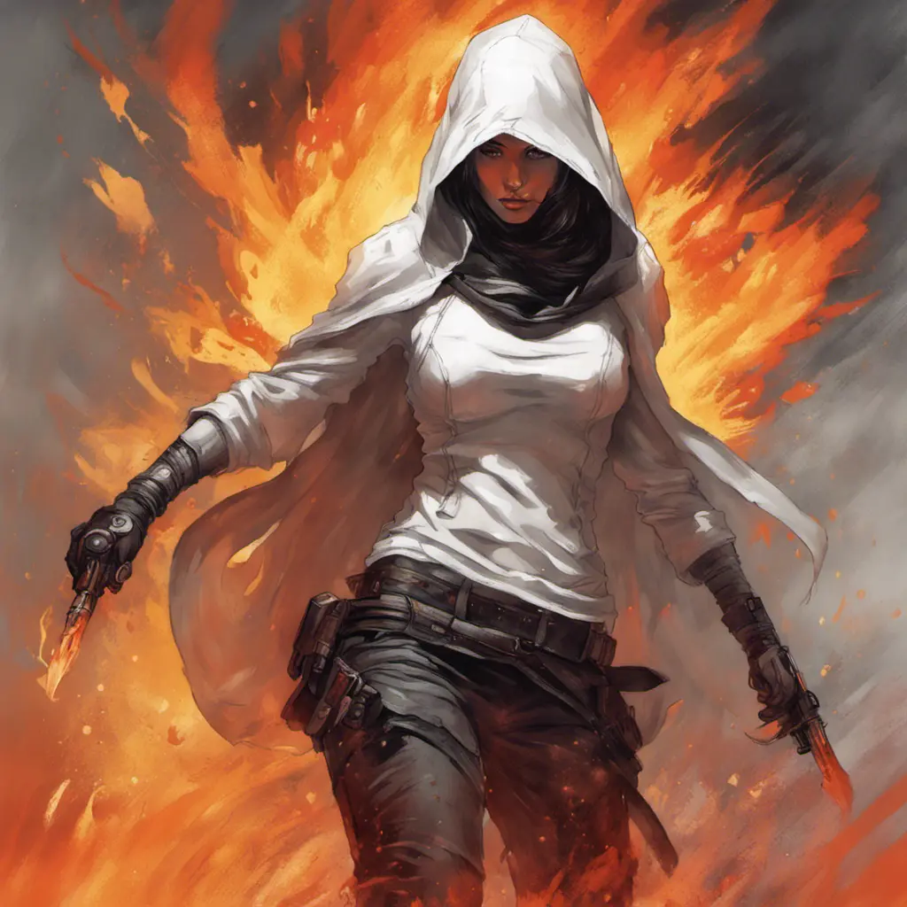 Female White Assassin emerging from a firey fog of battle, ink splash, Highly Detailed, Vibrant Colors, Ink Art, Fantasy, Dark by Stanley Artgerm Lau