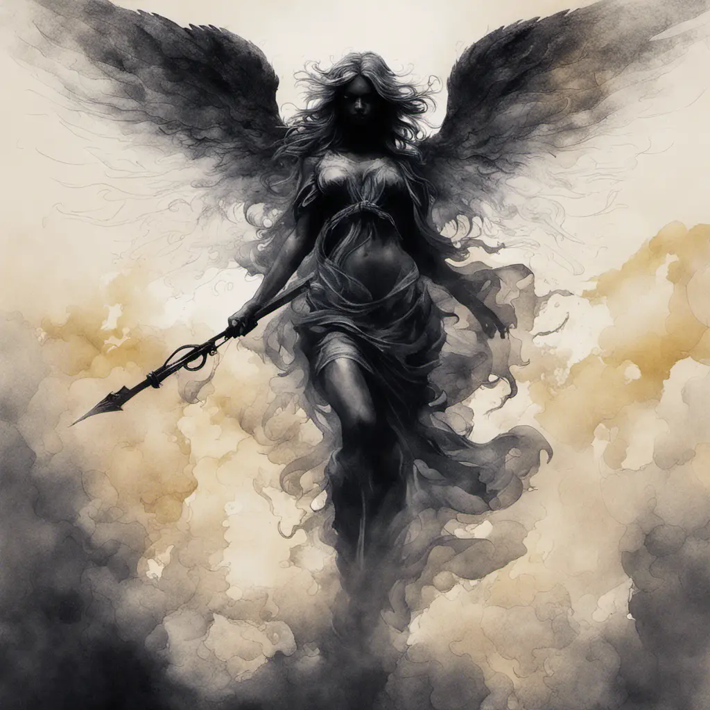 Silhouette of an Angel emerging from the fog of war, ink splash, Highly Detailed, Vibrant Colors, Ink Art, Fantasy, Dark by Stanley Artgerm Lau