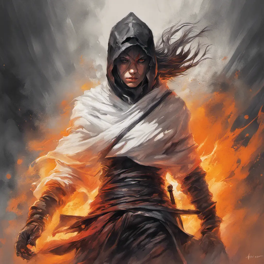 White Assassin emerging from a firey fog of battle, ink splash, Highly Detailed, Vibrant Colors, Ink Art, Fantasy, Dark by Stanley Artgerm Lau