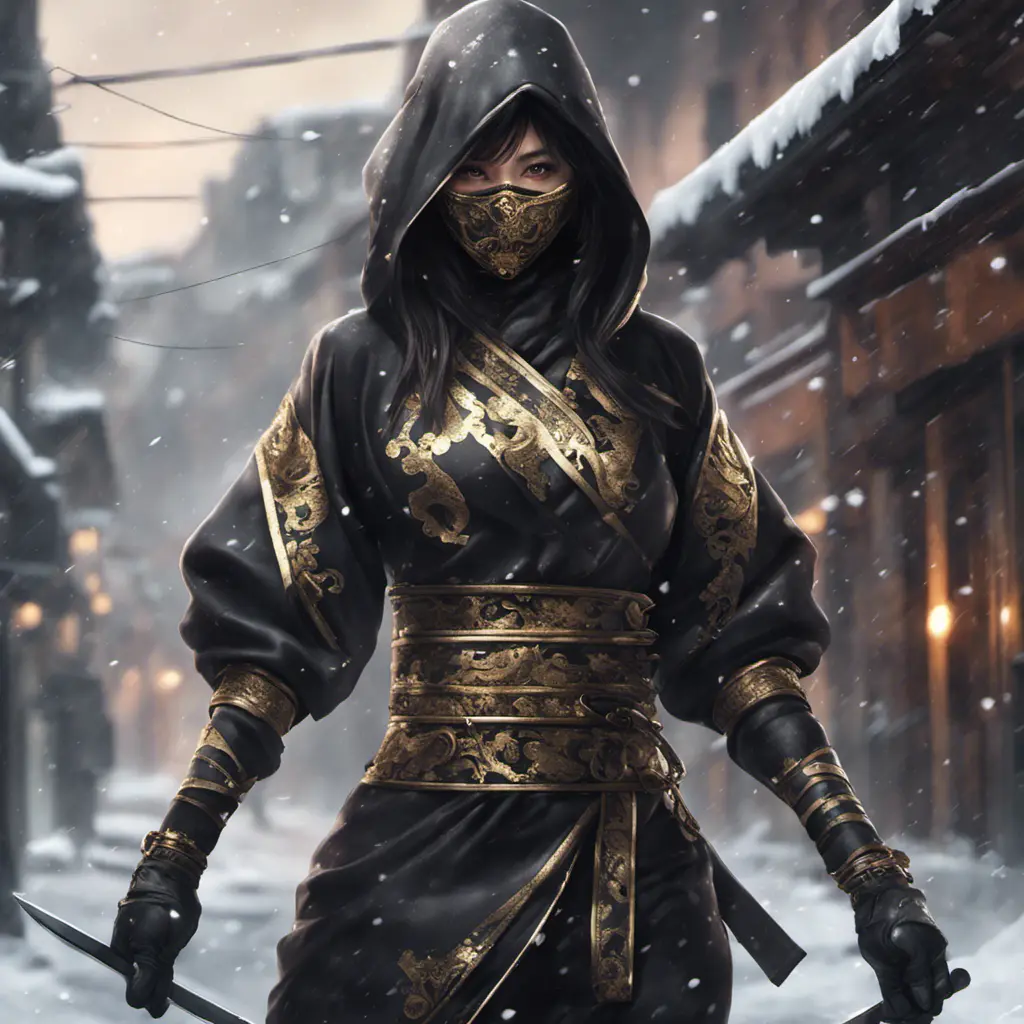 Wallpaper of a mysterious beautiful masked kunoichi ninja wearing eyeliner and gold jewelry in the streets of a dark snowy town in moscow, fluid motion, 8k, Intricate Details, Trending on Artstation, Beautiful, Stunning, Centered by Stanley Artgerm Lau, WLOP