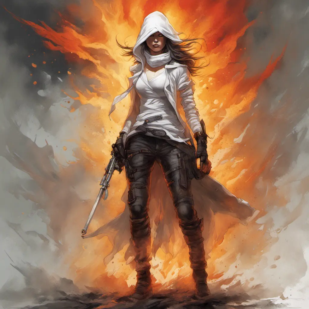 Female White Assassin emerging from a firey fog of battle, ink splash, Highly Detailed, Vibrant Colors, Ink Art, Fantasy, Dark by Stanley Artgerm Lau