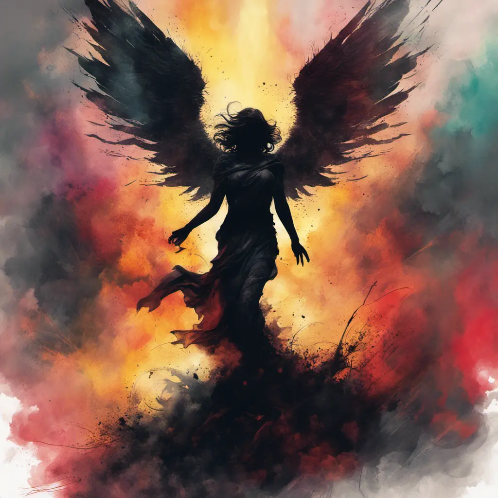 Silhouette of an Angel emerging from the fog of war, ink splash, Highly Detailed, Vibrant Colors, Ink Art, Fantasy, Dark by Stanley Artgerm Lau