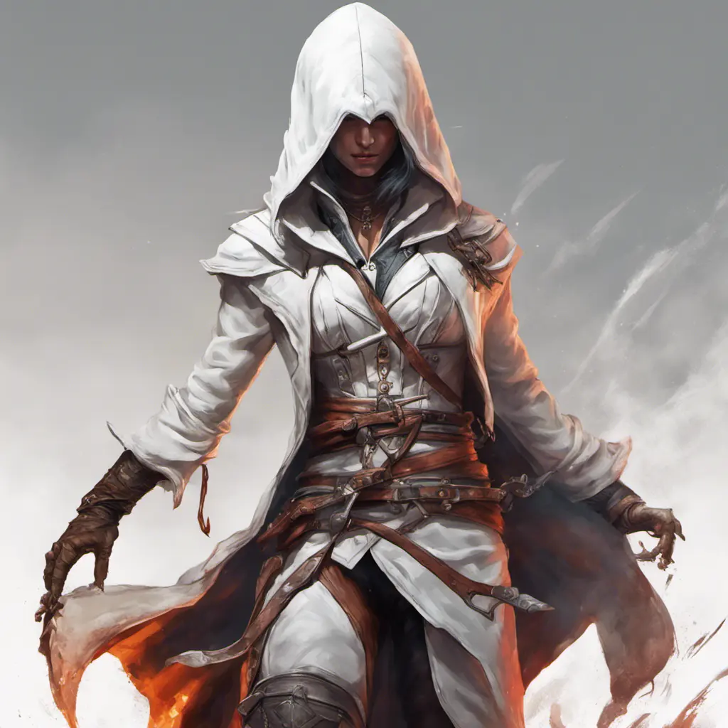 White hooded female assassin from Assassin's Creed, Highly Detailed, Unreal Engine, Volumetric Lighting, Vibrant Colors, Ink Art, Fantasy, Dark by Peter Mohrbacher