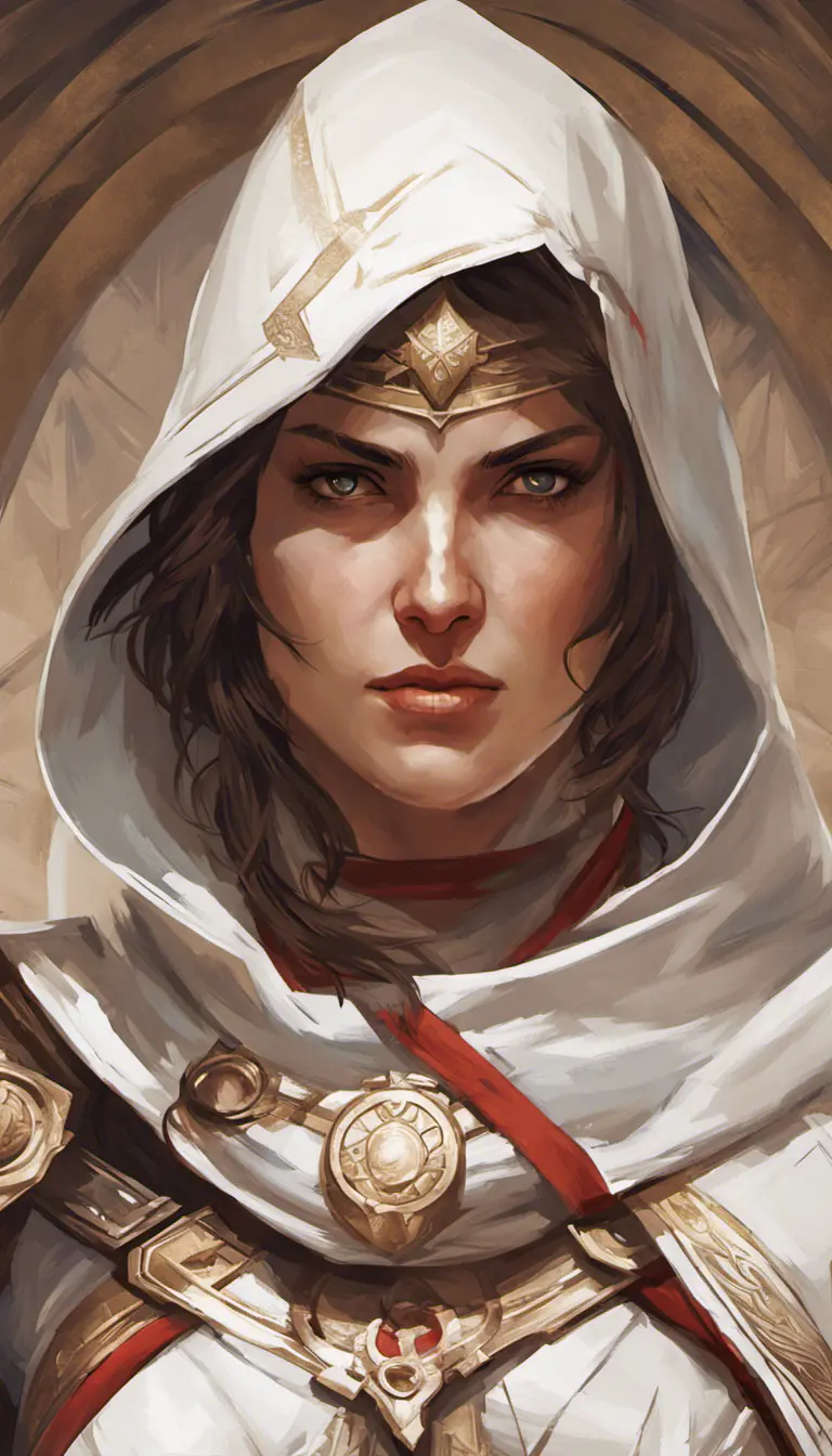 Closeup of Kassandra from Assassins Creed in white armor, Highly Detailed, Intricate, Artstation, Beautiful, Digital Painting, Sharp Focus, Concept Art, Elegant by Alphonse Mucha, Greg Rutkowski