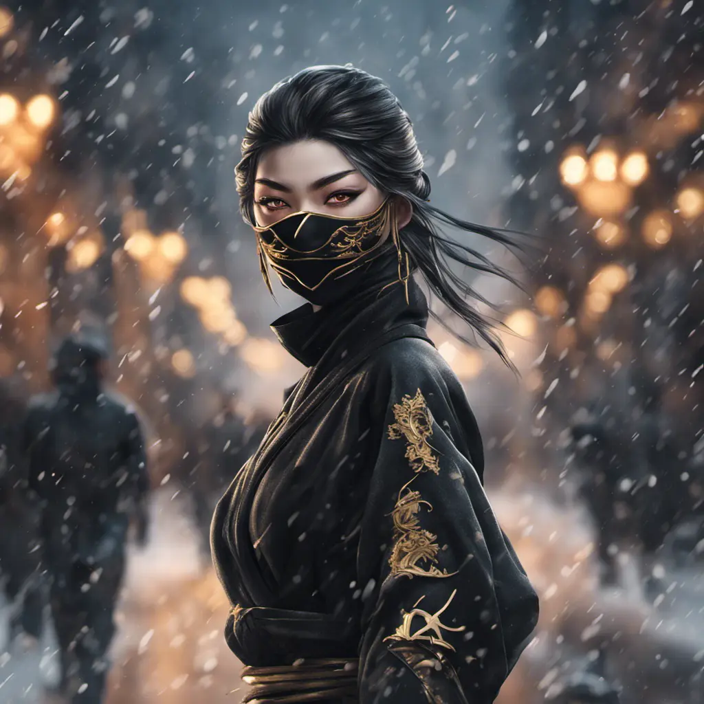 Wallpaper of a mysterious beautiful masked kunoichi ninja wearing eyeliner and gold jewelry in the streets of a dark snowy town in moscow, fluid motion, 8k, Intricate Details, Trending on Artstation, Beautiful, Stunning, Centered by Stanley Artgerm Lau, WLOP