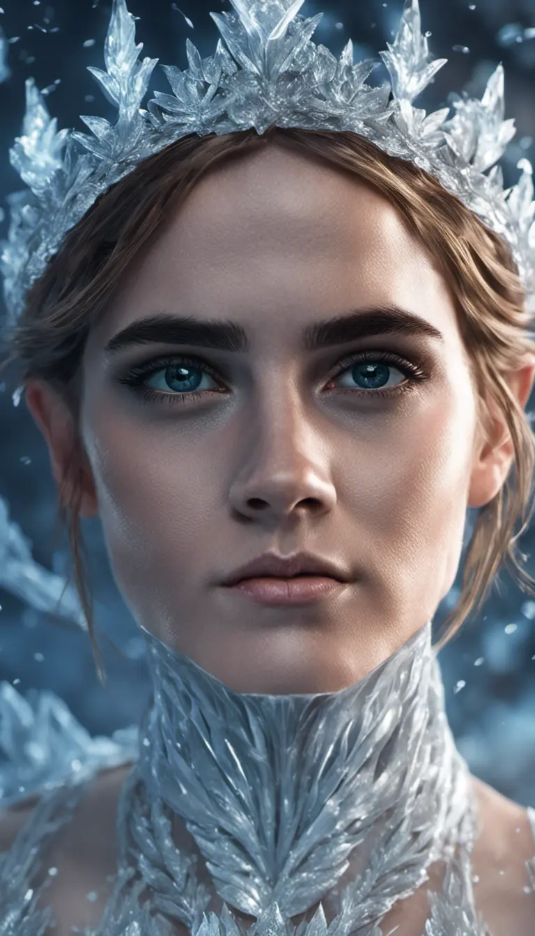 Headshot of a beautiful Emma Watson as an Ice Queen, 8k, Highly Detailed, Intricate, Intricate Artwork, Symmetry, Trending on Artstation, Cinematic Lighting, Octane Render, Iridescence, Abstract colors, Realism by Dan Mumford, Greg Rutkowski, WLOP