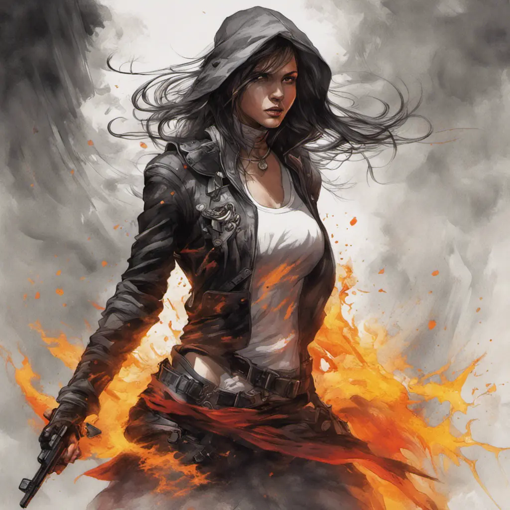 Female White Assassin emerging from a firey fog of battle, ink splash, Highly Detailed, Vibrant Colors, Ink Art, Fantasy, Dark by Stanley Artgerm Lau