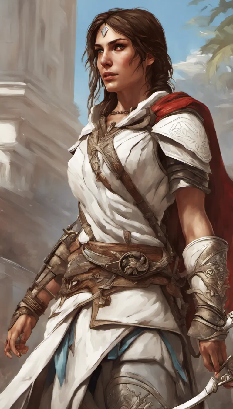 Closeup of Kassandra from Assassins Creed in white armor, Highly Detailed, Intricate, Artstation, Beautiful, Digital Painting, Sharp Focus, Concept Art, Elegant by Alphonse Mucha, Greg Rutkowski