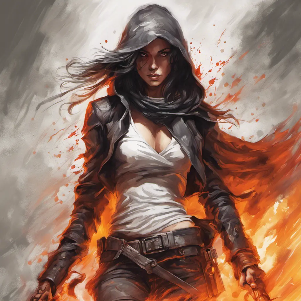 Female White Assassin emerging from a firey fog of battle, ink splash, Highly Detailed, Vibrant Colors, Ink Art, Fantasy, Dark by Stanley Artgerm Lau