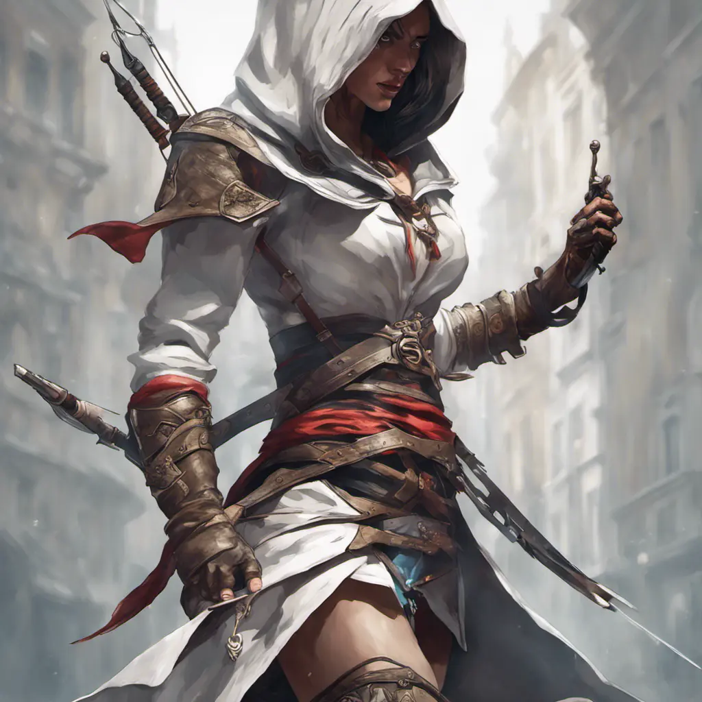 White hooded female assassin from Assassin's Creed, Highly Detailed, Unreal Engine, Volumetric Lighting, Vibrant Colors, Ink Art, Fantasy, Dark by Peter Mohrbacher