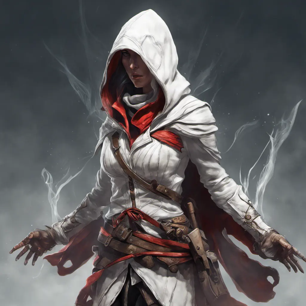 White hooded female assassin from Assassin's Creed, Highly Detailed, Unreal Engine, Volumetric Lighting, Vibrant Colors, Ink Art, Fantasy, Dark by Peter Mohrbacher