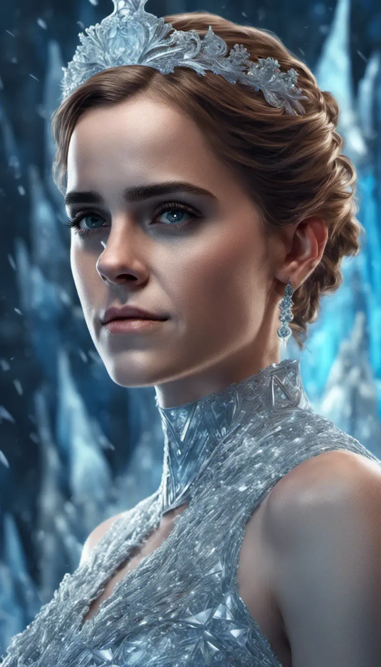 Headshot of a beautiful Emma Watson as an Ice Queen, 8k, Highly Detailed, Intricate, Intricate Artwork, Symmetry, Trending on Artstation, Cinematic Lighting, Octane Render, Iridescence, Abstract colors, Realism by Dan Mumford, Greg Rutkowski, WLOP