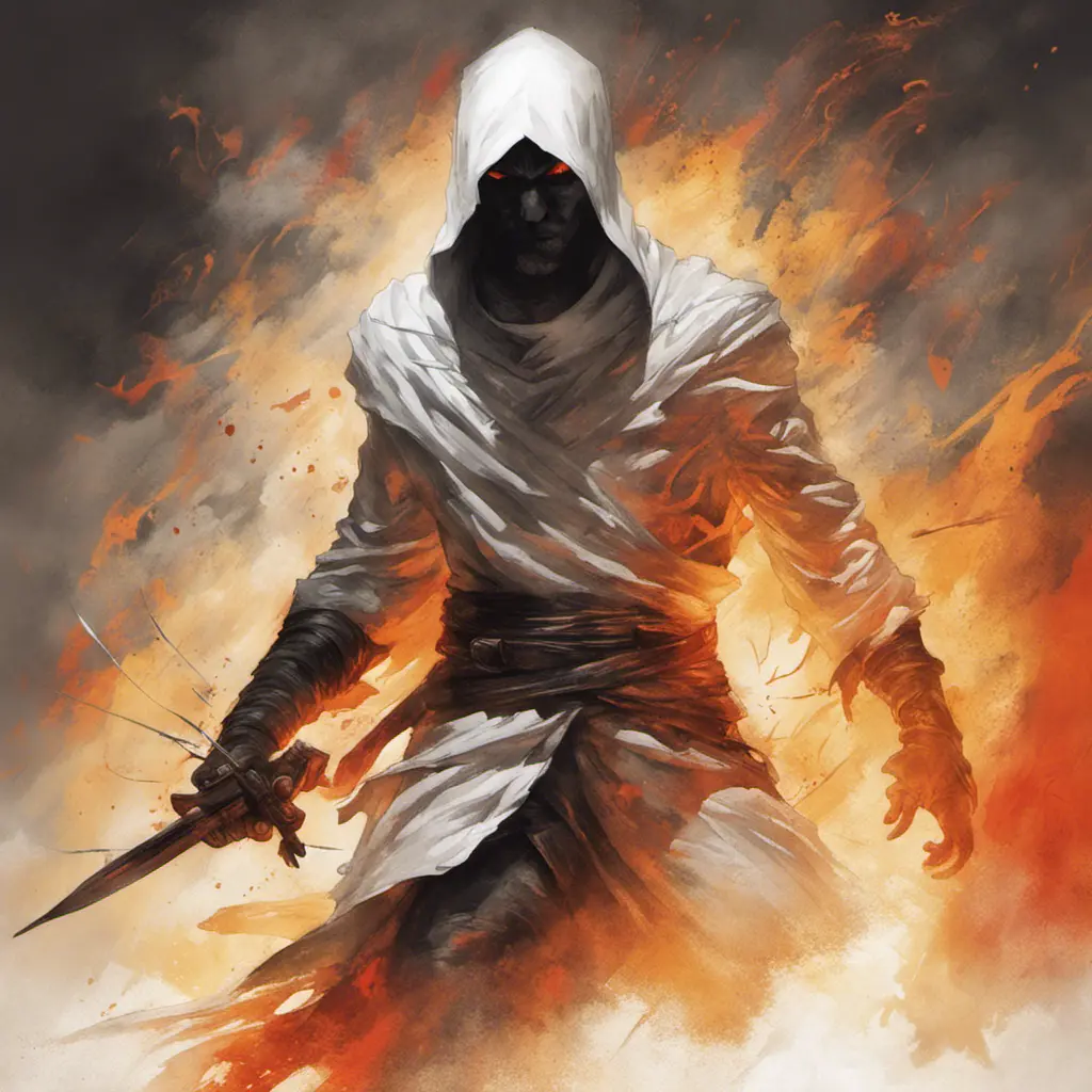 White Assassin emerging from a firey fog of battle, ink splash, Highly Detailed, Vibrant Colors, Ink Art, Fantasy, Dark by Stanley Artgerm Lau