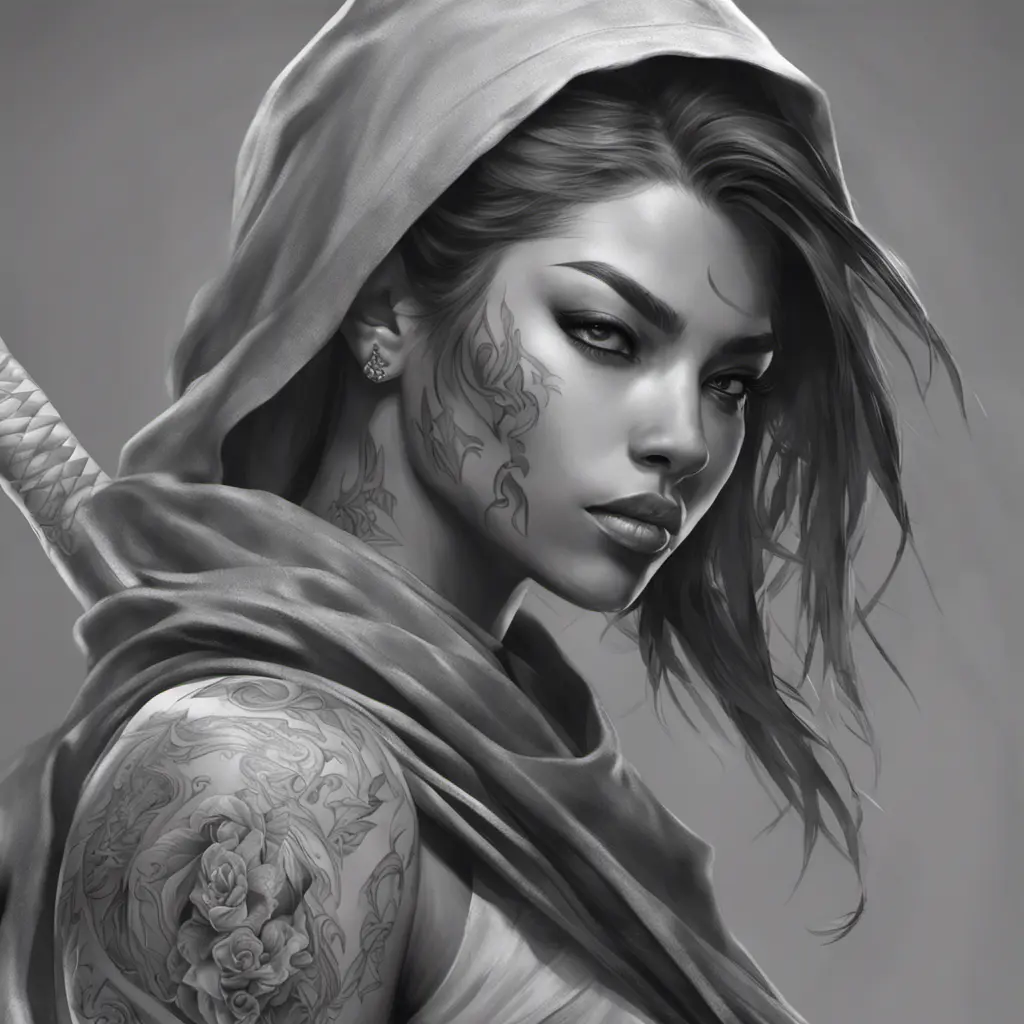 Grayscale matte portrait of a beautiful female ninja with tattoos, 4k, Highly Detailed, Powerful, Alluring, Artstation, Magical, Digital Painting, Photo Realistic, Sharp Focus, Volumetric Lighting, Concept Art by Stanley Artgerm Lau, Alphonse Mucha, Greg Rutkowski