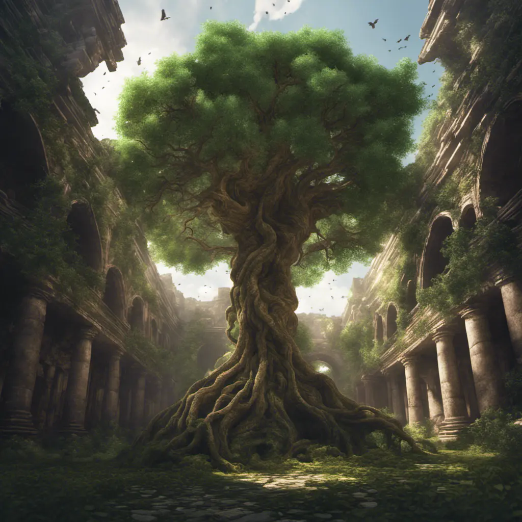 A Tree Of Life growing in the middle of overgrown ancient ruins indoors., 4k resolution, Hyper Detailed, Trending on Artstation, Volumetric Lighting, Concept Art, Digital Art, Fantasy, Dark by Greg Rutkowski