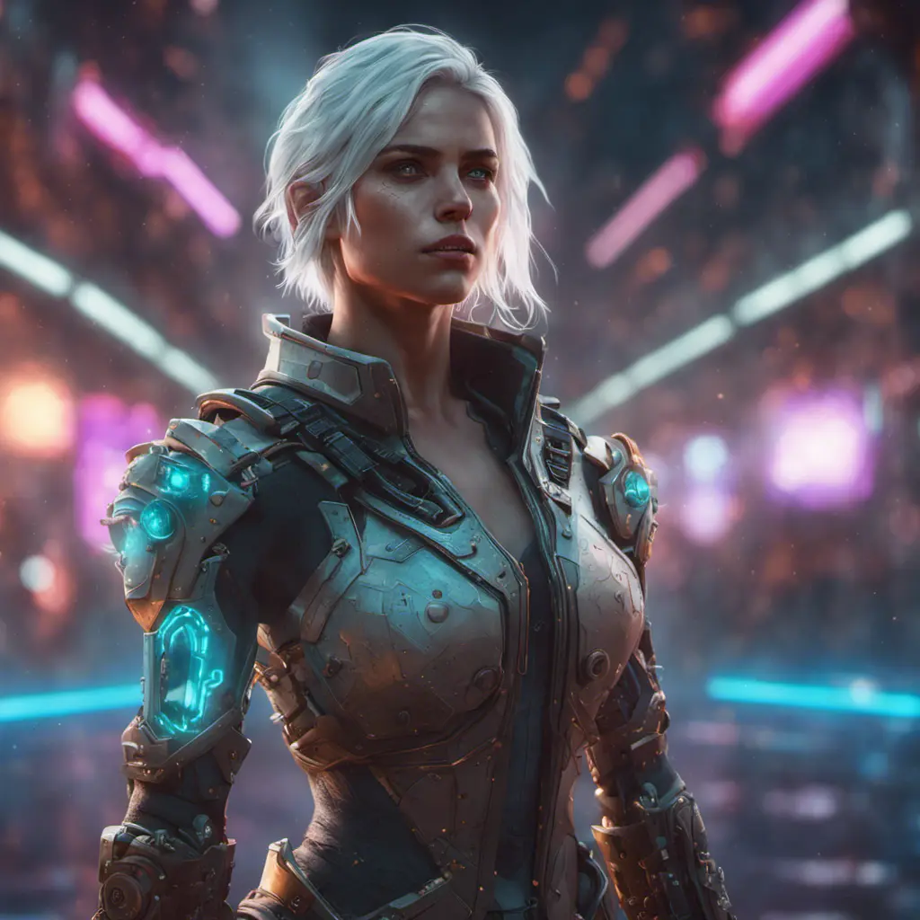 Portrait of Ciri as a Cyborg, 8k, Highly Detailed, Intricate, Intricate Artwork, Symmetry, Trending on Artstation, Cinematic Lighting, Octane Render, Iridescence, Abstract colors, Realism by Beeple, Dan Mumford, Greg Rutkowski, WLOP