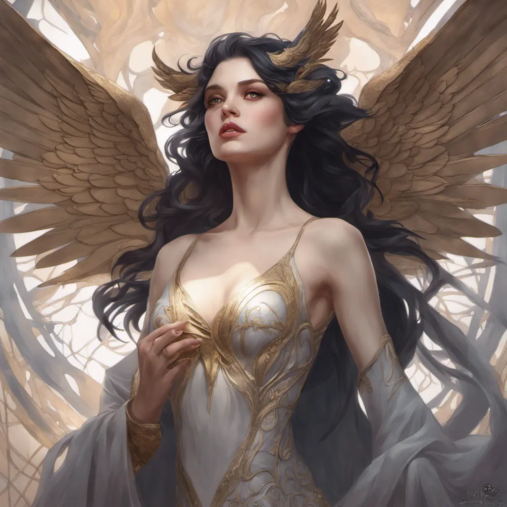 Alluring matte portrait of a beautiful Morgana with wings, 8k, Highly Detailed, Intricate, Half Body, Realistic, Sharp Focus, Volumetric Lighting, Fantasy, Elegant by Stanley Artgerm Lau, Alphonse Mucha, WLOP