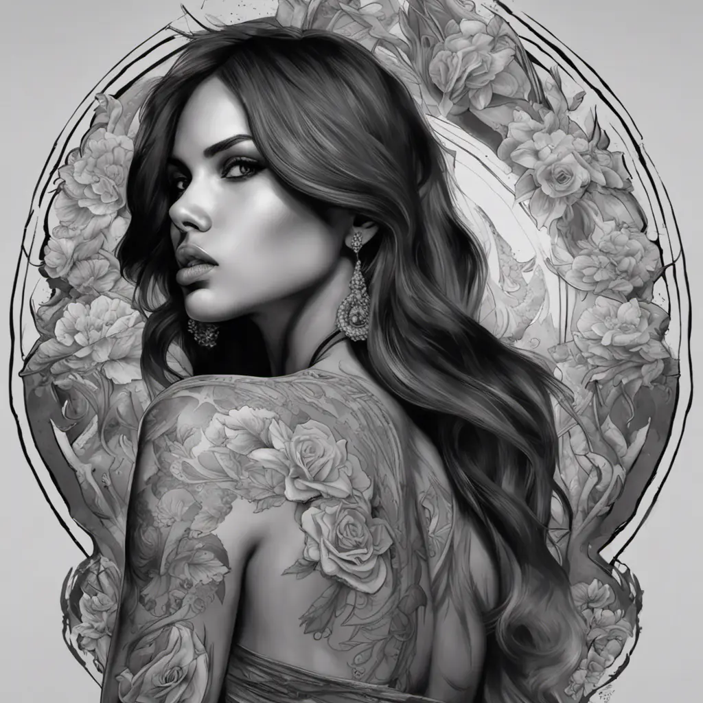 Grayscale portrait of Eiza González with colored tattoos, 4k, Highly Detailed, Hyper Detailed, Powerful, Artstation, Vintage Illustration, Digital Painting, Sharp Focus, Smooth, Concept Art by Alphonse Mucha