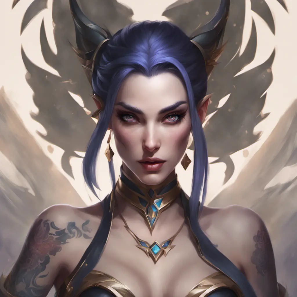 Matte portrait of Morgana from League of Legends with tattoos, 8k, Highly Detailed, Powerful, Alluring, Artstation, Magical, Digital Painting, Photo Realistic, Sharp Focus, Volumetric Lighting, Concept Art by Stanley Artgerm Lau, Alphonse Mucha, Greg Rutkowski