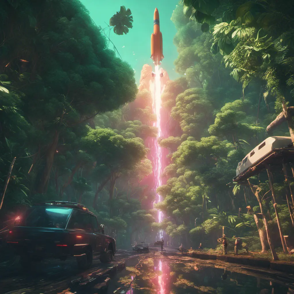 Studio ghibli, rocket explosion, jungle, solar, green technology, optimist future, 8k, Bokeh effect, Cinematic Lighting, Octane Render, Iridescence, Volumetric Lighting, Vibrant by Beeple, Asher Brown Durand, Dan Mumford, Greg Rutkowski, WLOP