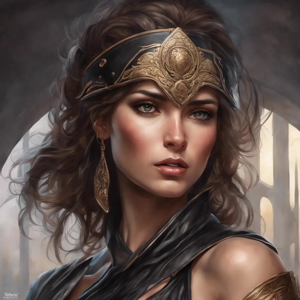 Alluring matte portrait of a beautiful Kassandra wearing black leather, 8k, Highly Detailed, Intricate, Half Body, Realistic, Sharp Focus, Volumetric Lighting, Fantasy, Elegant by Stanley Artgerm Lau, Alphonse Mucha, WLOP, Stefan Kostic