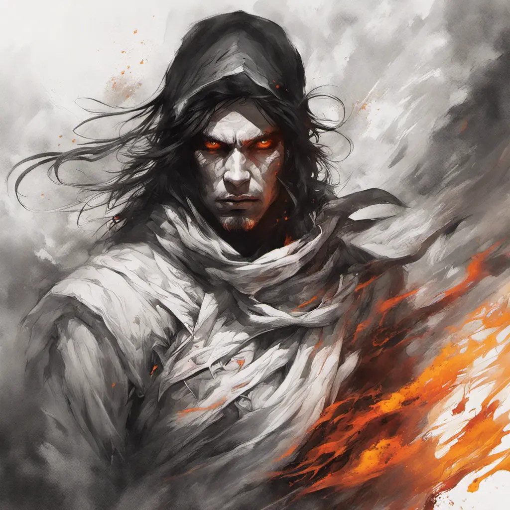 White Assassin emerging from a firey fog of battle, ink splash, Highly Detailed, Vibrant Colors, Ink Art, Fantasy, Dark by Stanley Artgerm Lau