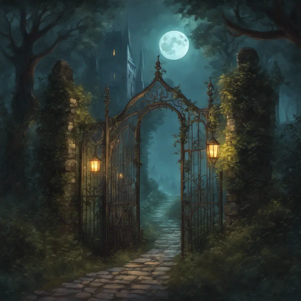 A beautiful digital illustration painting of a detailed gothic fantasy fireflies forest trees and iron gate cobblestone pathway vines full moon, 8k, Artstation, Digital Illustration, Concept Art by Justin Gerard, James Gurney