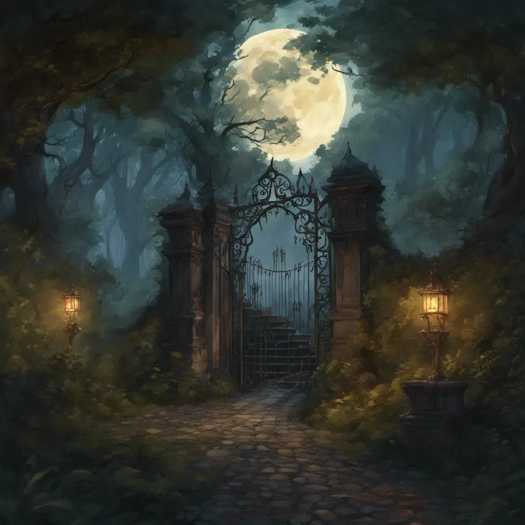 A beautiful digital illustration painting of a detailed gothic fantasy fireflies forest trees and iron gate cobblestone pathway vines full moon, 8k, Artstation, Digital Illustration, Concept Art by Justin Gerard, James Gurney