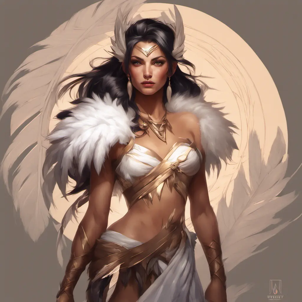 Alluring matte portrait of a beautiful Nidalee wearing feathers, 8k, Highly Detailed, Intricate, Half Body, Realistic, Sharp Focus, Volumetric Lighting, Fantasy, Elegant by Stanley Artgerm Lau, Alphonse Mucha, WLOP