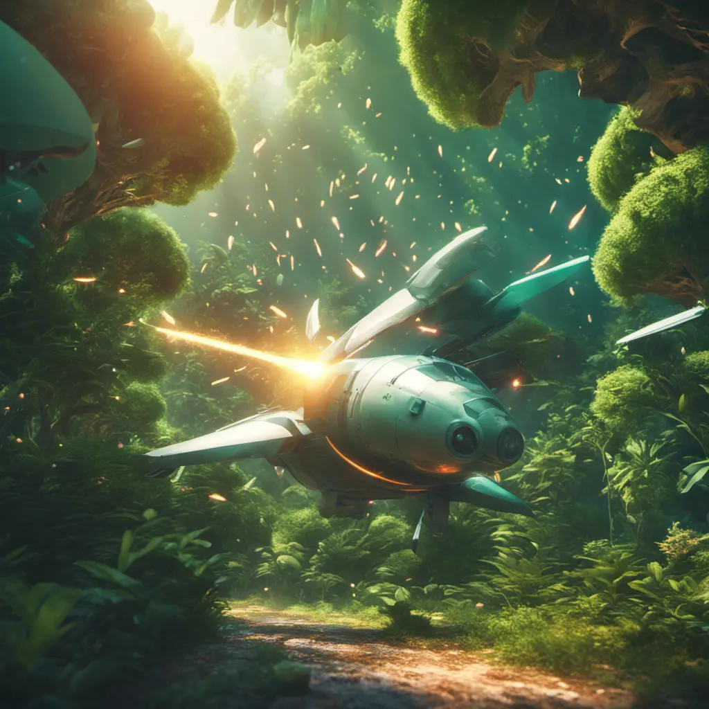 Studio ghibli, rocket explosion, jungle, solar, green technology, optimist future, 8k, Bokeh effect, Cinematic Lighting, Octane Render, Iridescence, Volumetric Lighting, Vibrant by Beeple, Asher Brown Durand, Dan Mumford, Greg Rutkowski, WLOP