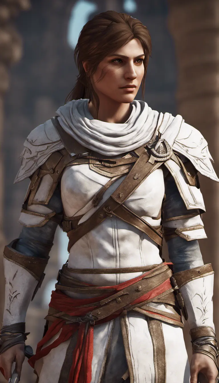 Closeup of Kassandra from Assassins Creed in white armor, 8k, Highly Detailed, Artstation, Beautiful, Digital Illustration, Sharp Focus, Unreal Engine, Concept Art