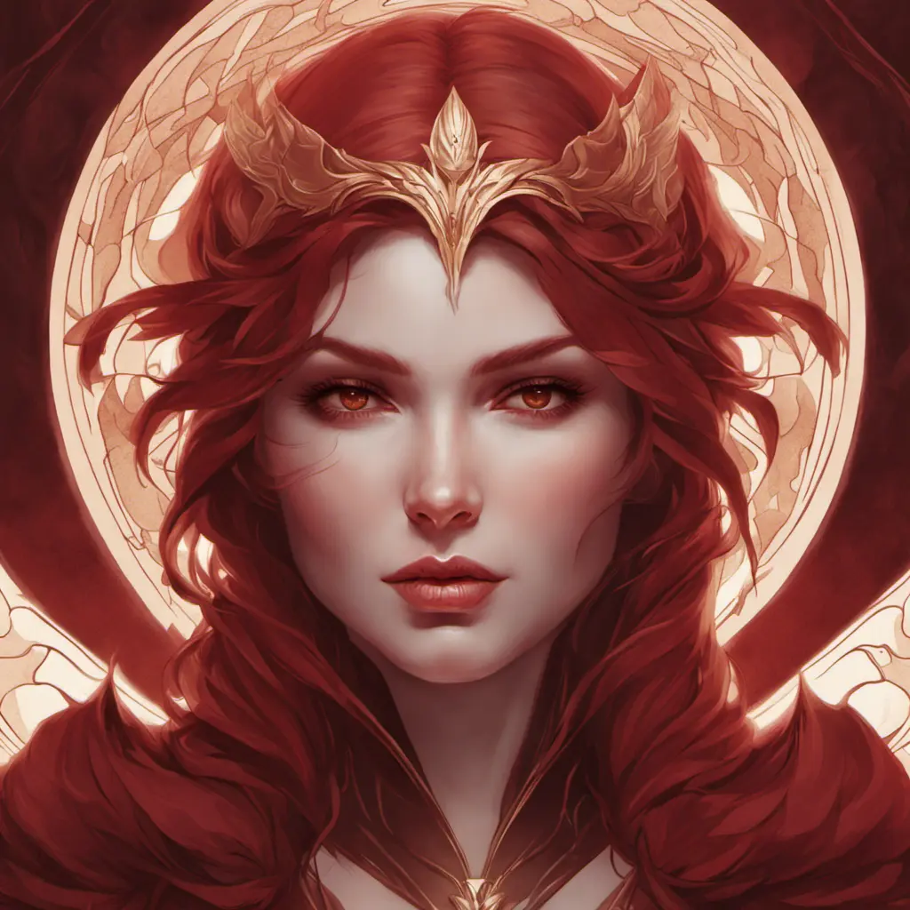 Alluring matte portrait of the beautiful Kayle in dark red, 8k, Highly Detailed, Intricate, Realistic, Sharp Focus, Volumetric Lighting, Fantasy, Elegant by Stanley Artgerm Lau, Alphonse Mucha, WLOP, Stefan Kostic