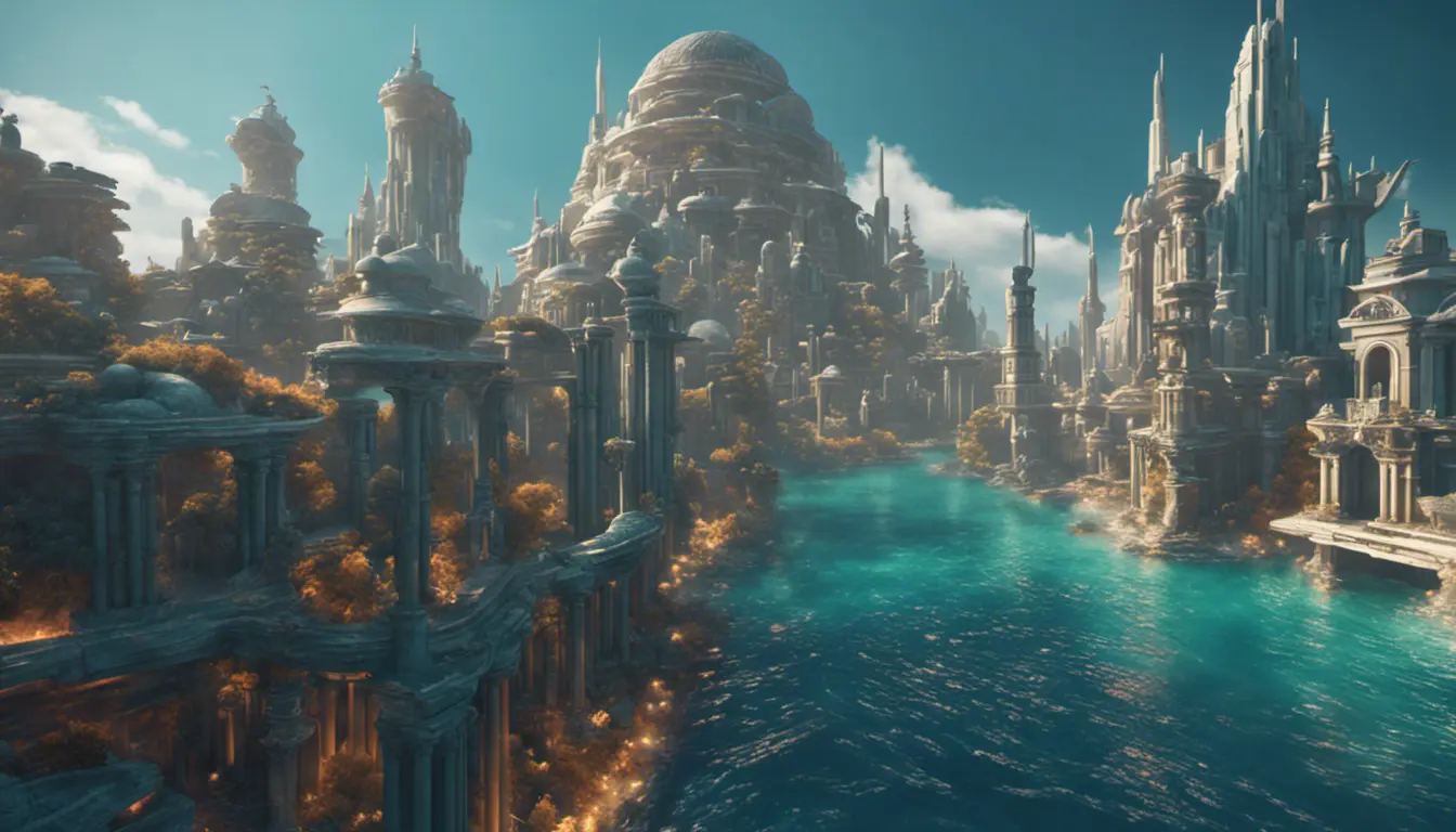 Matte portrait of a thriving undewater city of Atlantis, Highly Detailed, Beautiful, Stunning, Realistic, Octane Render, Unreal Engine, Volumetric Lighting, Vibrant Colors