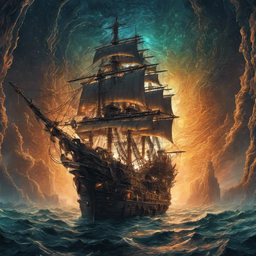 Pirate Ship, Intricate, Ultra Detailed, Symmetry, Beautiful, Sharp Focus, Astrophotography, Centered, Volumetric Lighting by Dan Mumford, Marc Simonetti