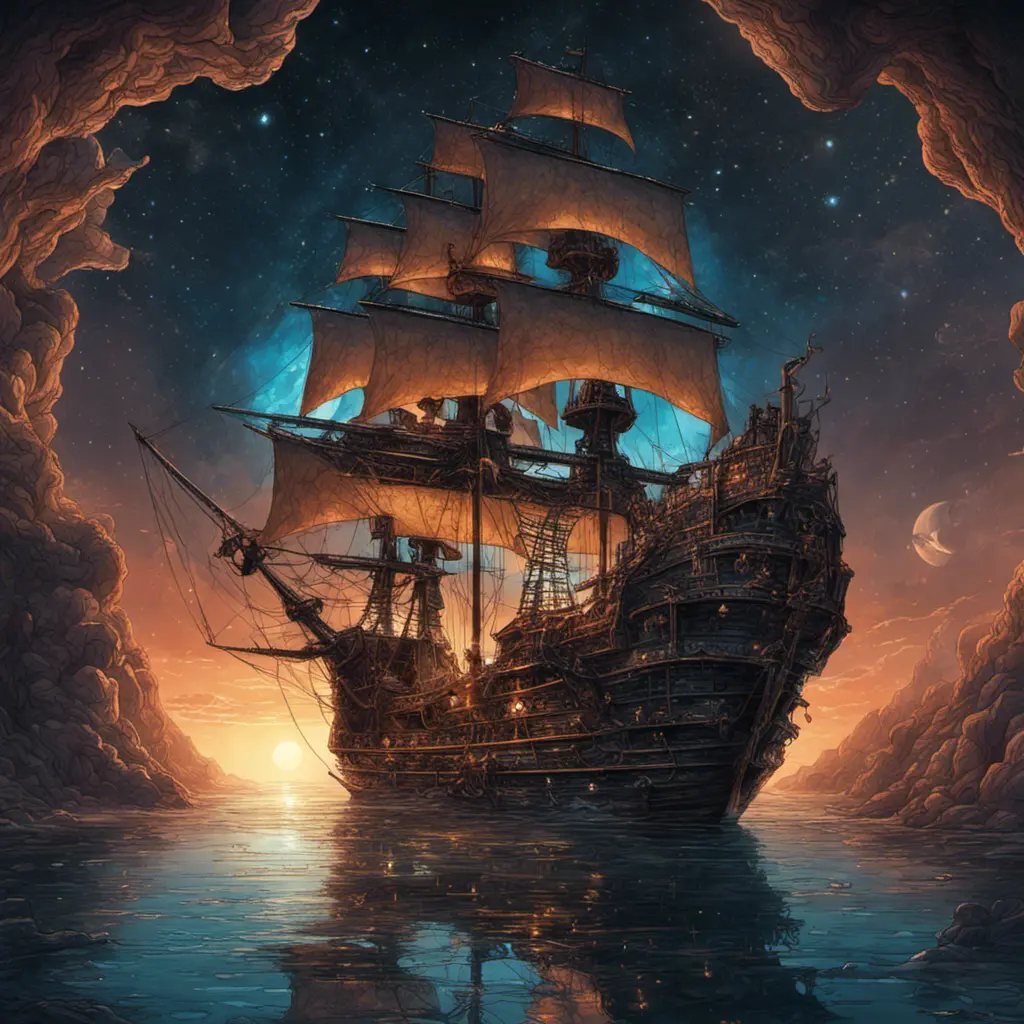 Pirate Ship, Intricate, Ultra Detailed, Symmetry, Beautiful, Sharp Focus, Astrophotography, Centered, Volumetric Lighting by Dan Mumford, Marc Simonetti