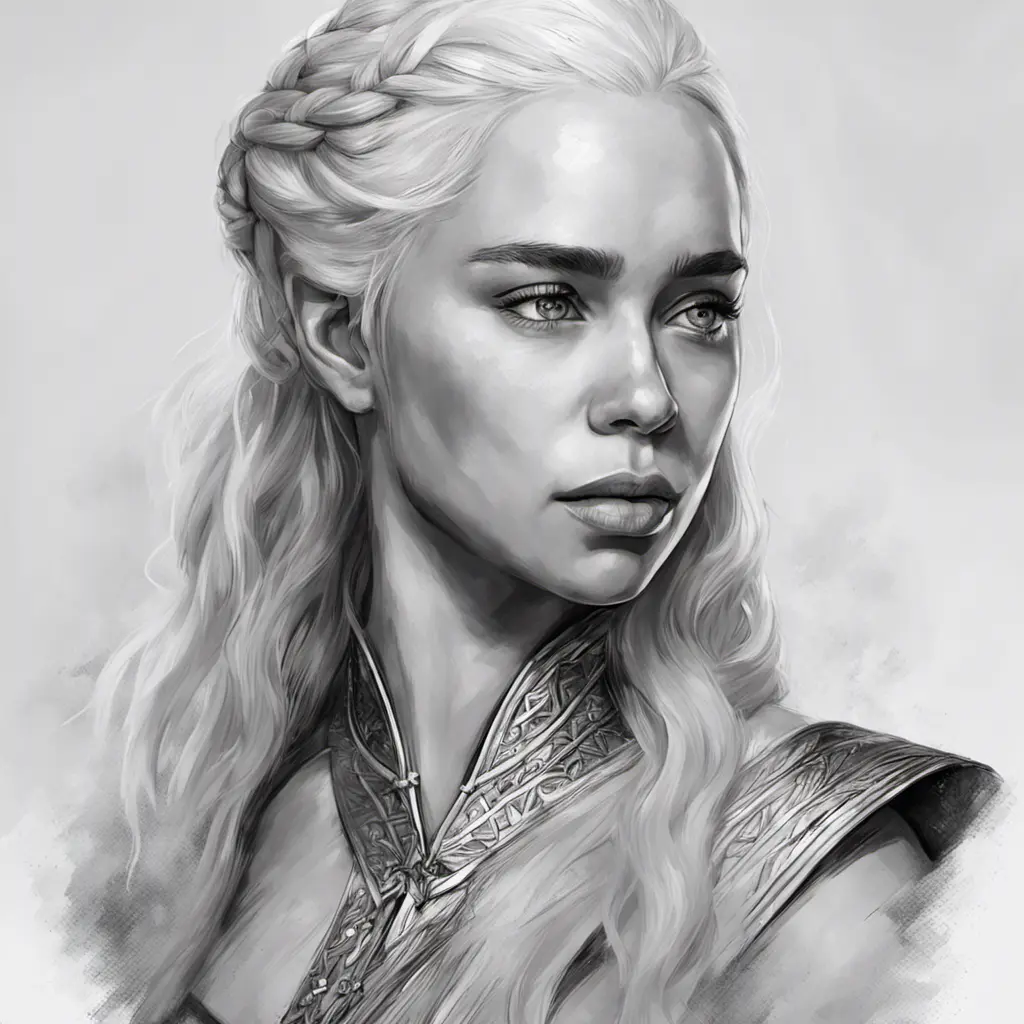 Black & White portrait of Daenerys Targaryen, Highly Detailed, Intricate, Artstation, Beautiful, Digital Painting, Sharp Focus, Concept Art, Elegant