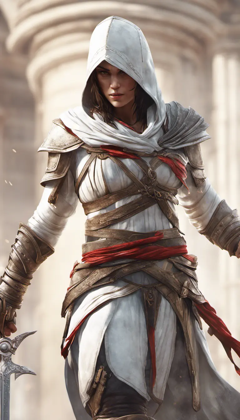 Kassandra from Assassins Creed in white armor, 8k, Highly Detailed, Artstation, Beautiful, Digital Illustration, Sharp Focus, Unreal Engine, Concept Art