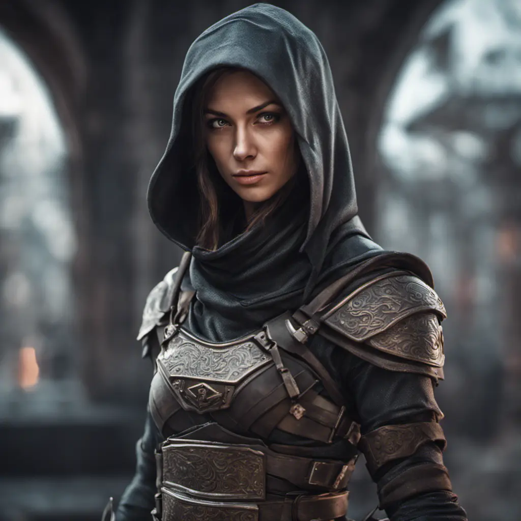 Alluring highly detailed matte portrait of beautiful female ninja wearing Assassin Creed armor in the style of Stefan Kostic, 8k, High Definition, Highly Detailed, Intricate, Half Body, Realistic, Sharp Focus, Fantasy, Elegant