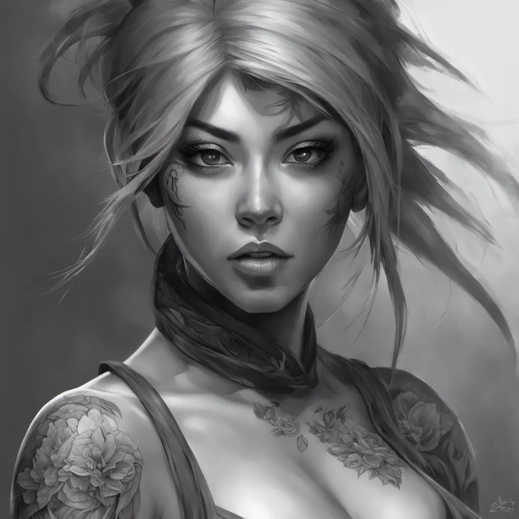 Grayscale matte portrait of a beautiful female ninja with tattoos, 4k, Highly Detailed, Powerful, Alluring, Artstation, Magical, Digital Painting, Photo Realistic, Sharp Focus, Volumetric Lighting, Concept Art by Stanley Artgerm Lau, Alphonse Mucha, Greg Rutkowski