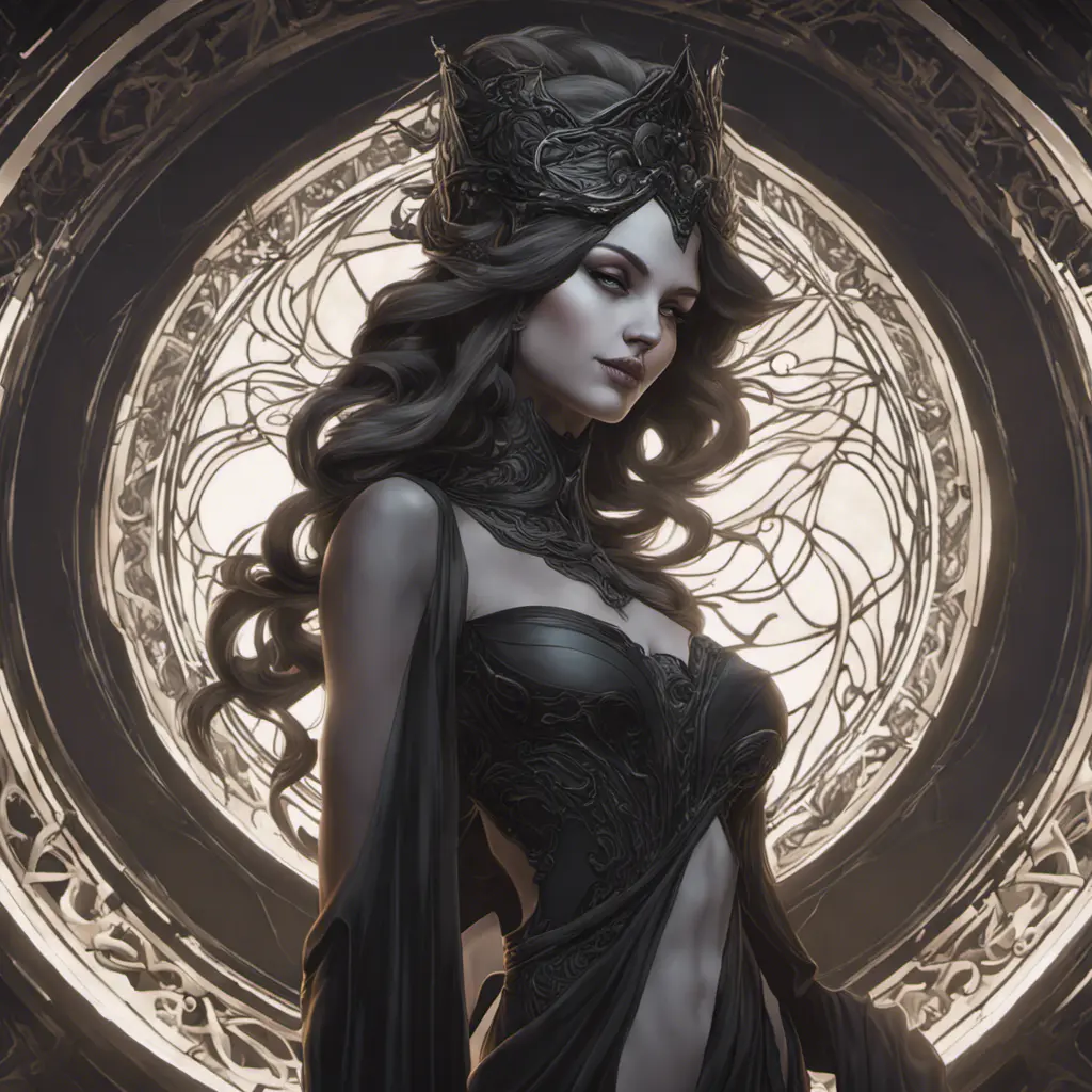 Alluring matte portrait of the beautiful goddess of death Ker in black, 8k, Highly Detailed, Intricate, Realistic, Sharp Focus, Volumetric Lighting, Fantasy, Elegant by Stanley Artgerm Lau, Alphonse Mucha, WLOP