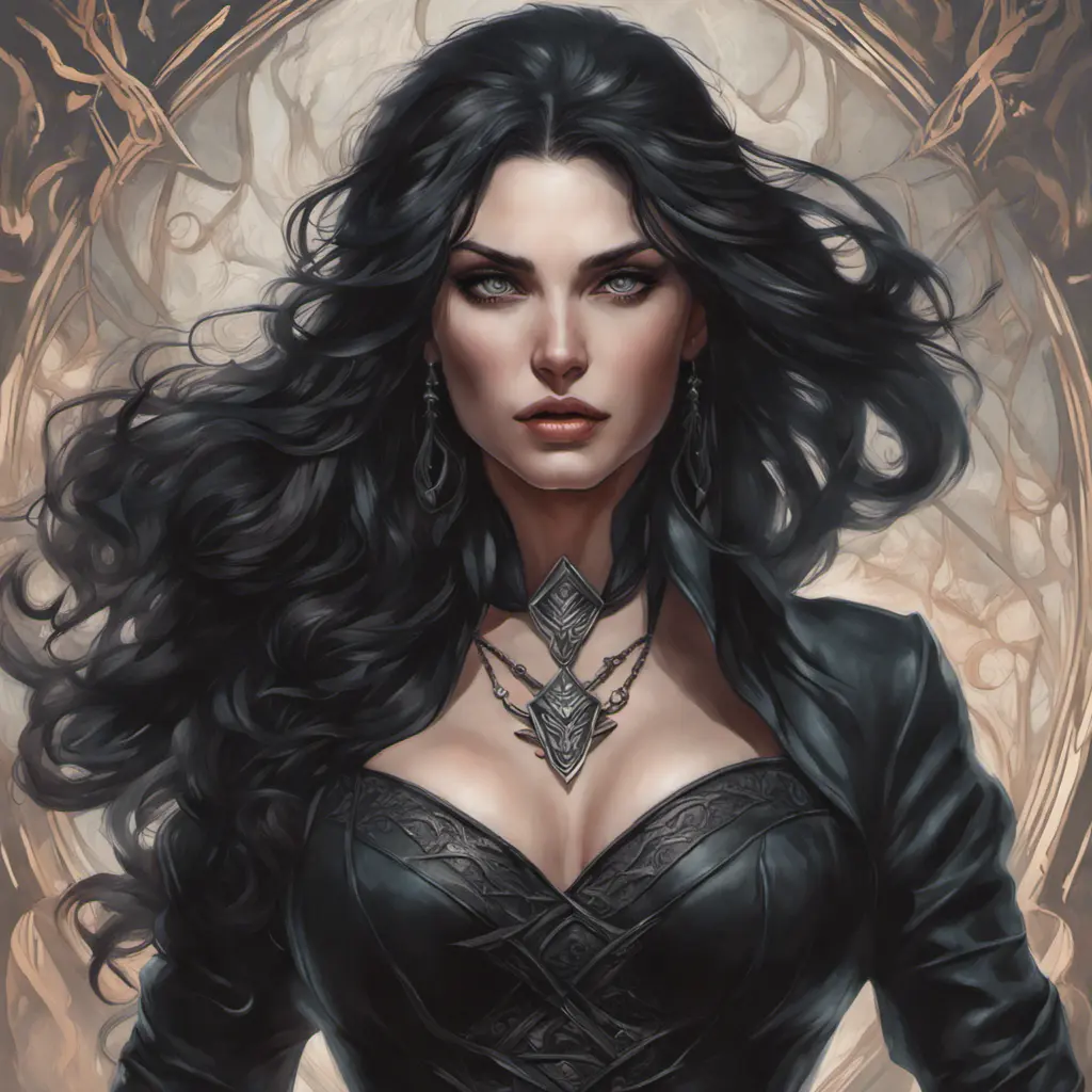 Alluring matte portrait of a fierce beautiful Yennefer in black, 8k, Highly Detailed, Intricate, Half Body, Realistic, Sharp Focus, Volumetric Lighting, Fantasy, Elegant by Stanley Artgerm Lau, Alphonse Mucha, WLOP, Stefan Kostic