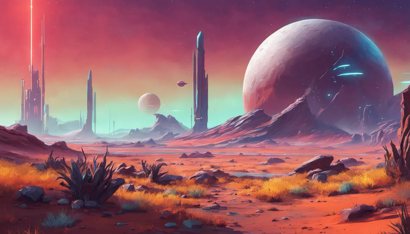 Beautiful alien landscape of No Mans Sky, Highly Detailed, Intricate, Artstation, Beautiful, Digital Painting, Sharp Focus, Concept Art, Elegant