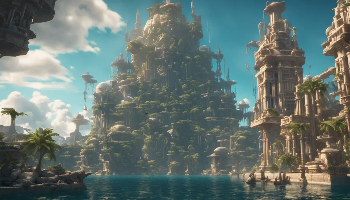 Matte portrait of a thriving undewater city of Atlantis, Highly Detailed, Beautiful, Stunning, Realistic, Octane Render, Unreal Engine, Volumetric Lighting, Vibrant Colors