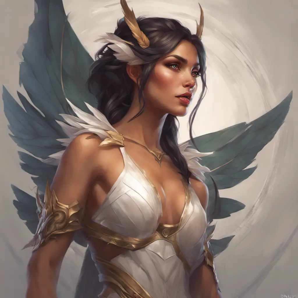 Alluring matte portrait of a beautiful Nidalee with wings, 8k, Highly Detailed, Intricate, Half Body, Realistic, Sharp Focus, Volumetric Lighting, Fantasy, Elegant by Stanley Artgerm Lau, Alphonse Mucha, WLOP