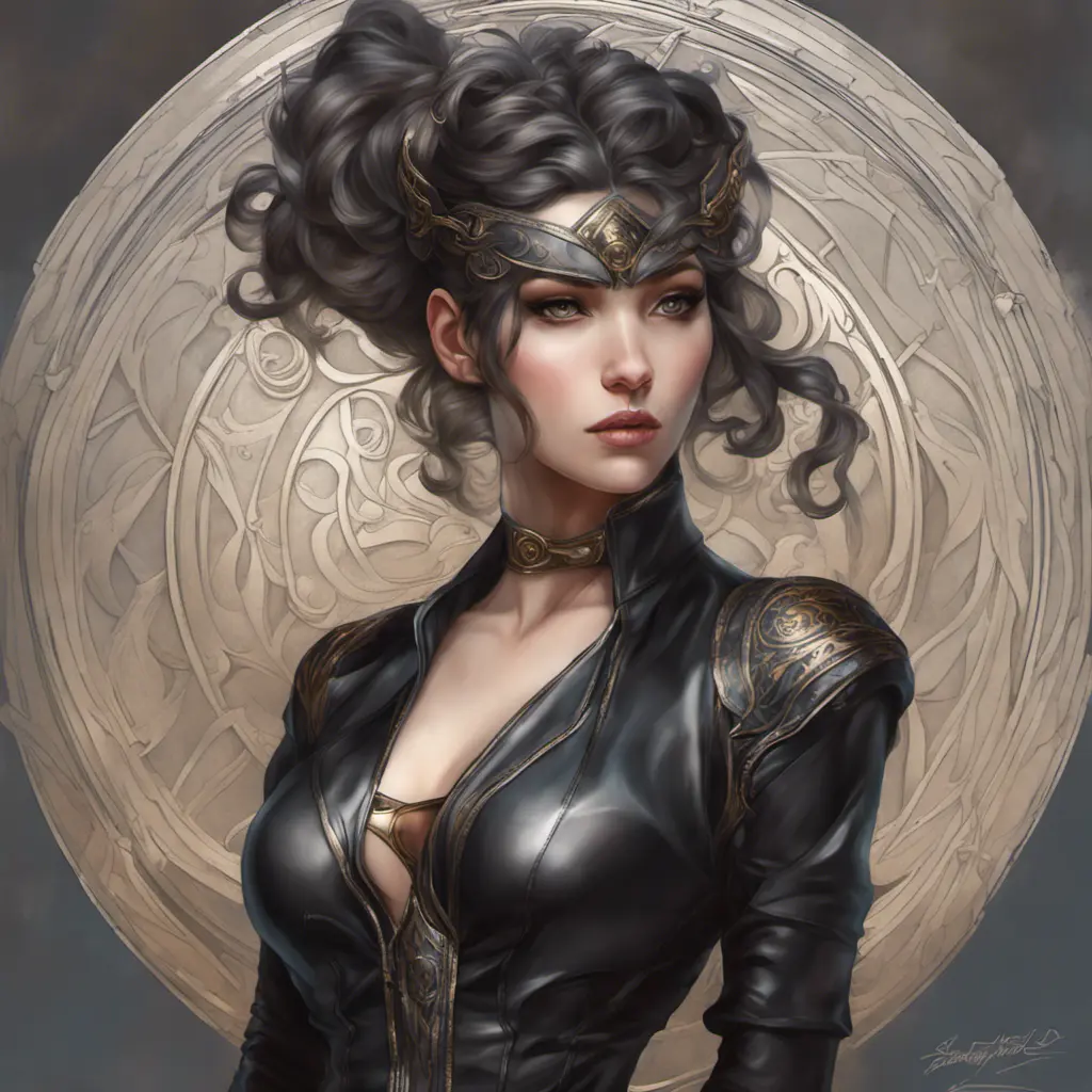 Alluring matte portrait of a beautiful Sona wearing black leather, 8k, Highly Detailed, Intricate, Half Body, Realistic, Sharp Focus, Volumetric Lighting, Fantasy, Elegant by Stanley Artgerm Lau, Alphonse Mucha, WLOP