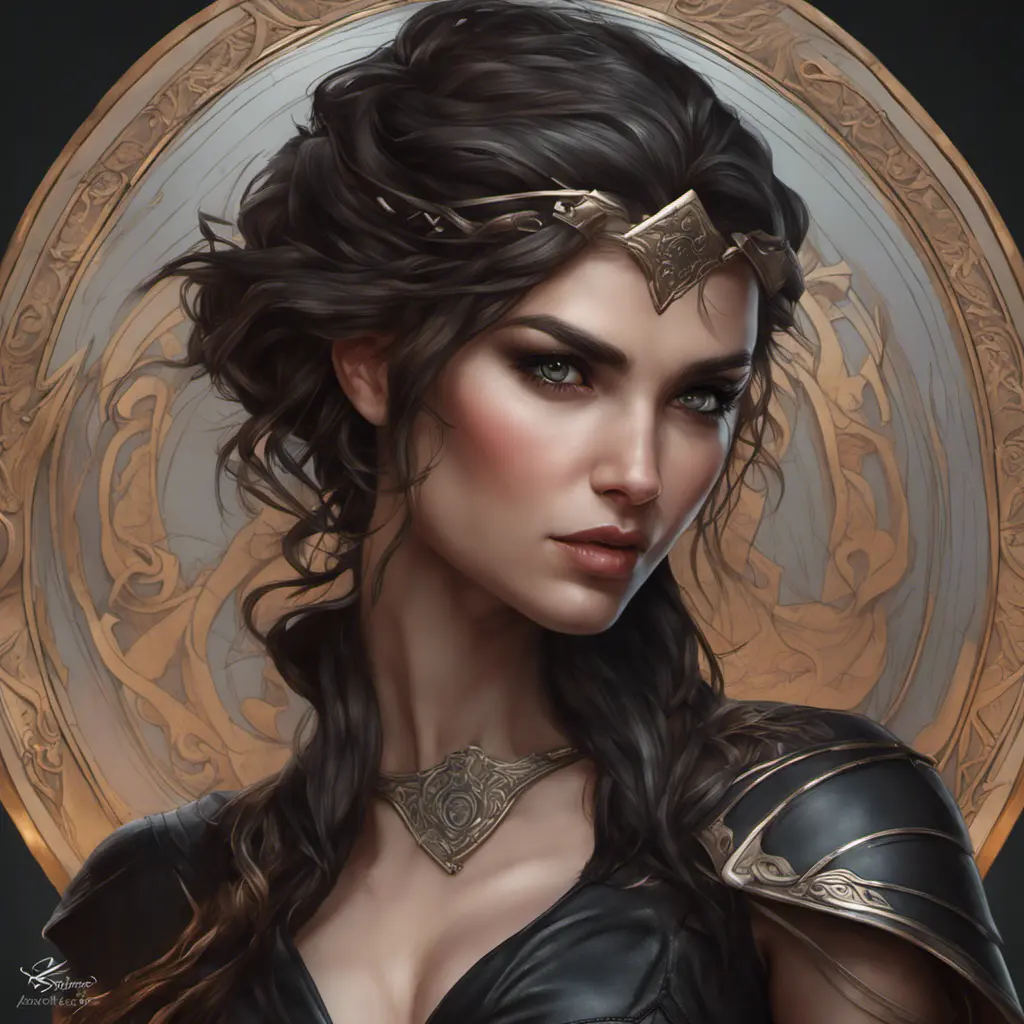 Alluring matte portrait of a beautiful Kassandra wearing black leather, 8k, Highly Detailed, Intricate, Half Body, Realistic, Sharp Focus, Volumetric Lighting, Fantasy, Elegant by Stanley Artgerm Lau, Alphonse Mucha, WLOP, Stefan Kostic