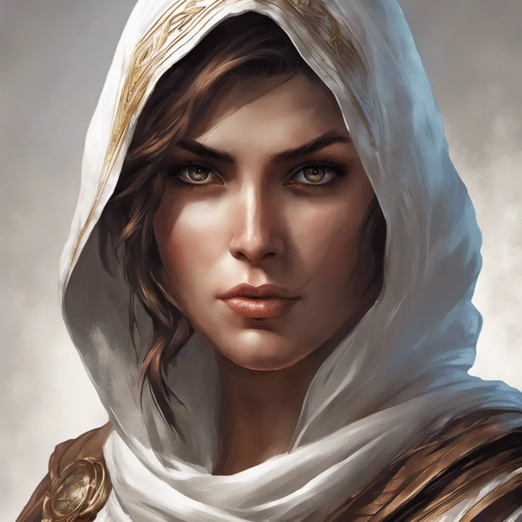 Alluring matte portrait of a fierce looking Kassandra in white Assassin's Creed style, 8k, Highly Detailed, Intricate, Half Body, Realistic, Sharp Focus, Volumetric Lighting, Fantasy, Elegant by Stanley Artgerm Lau, Alphonse Mucha, WLOP