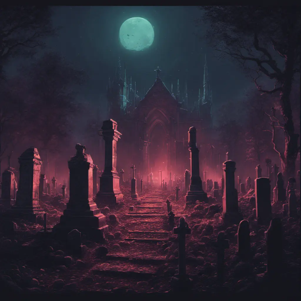 Hyper Detailed illustration of an eerie dystopian graveyard at night, 8k, Gothic and Fantasy, Horror, Epic, Sharp Focus, Deviantart by Alena Aenami, Studio Ghibli