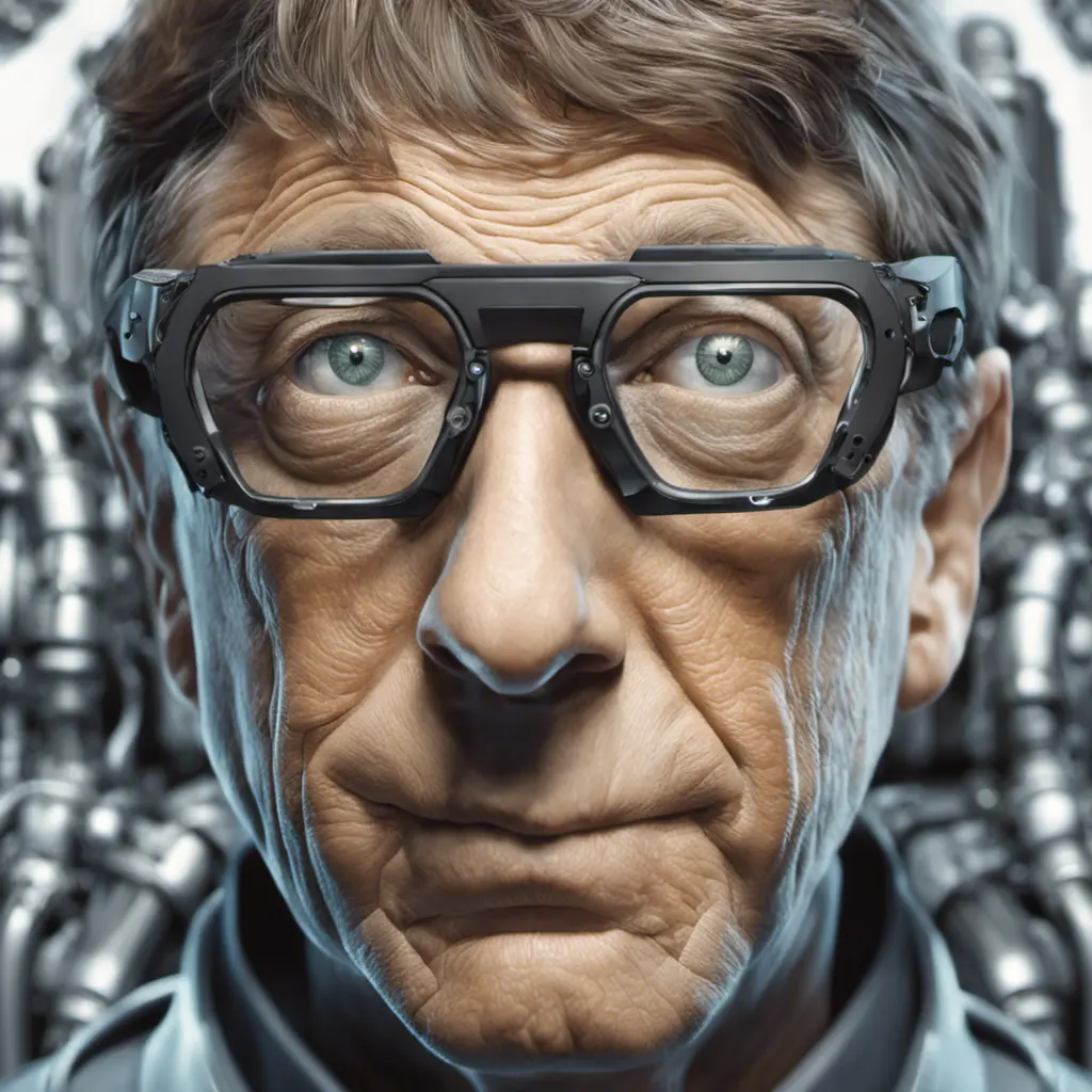 Alluring portrait of Bill Gates with a robot eye, High Definition, High Resolution, Intricate Details, Ultra Detailed, Cybernatic and Sci-Fi, Half Body, Biomechanical, Futuristic, Sci-Fi, Science Fiction, Matte Painting, Sharp Focus by Stefan Kostic