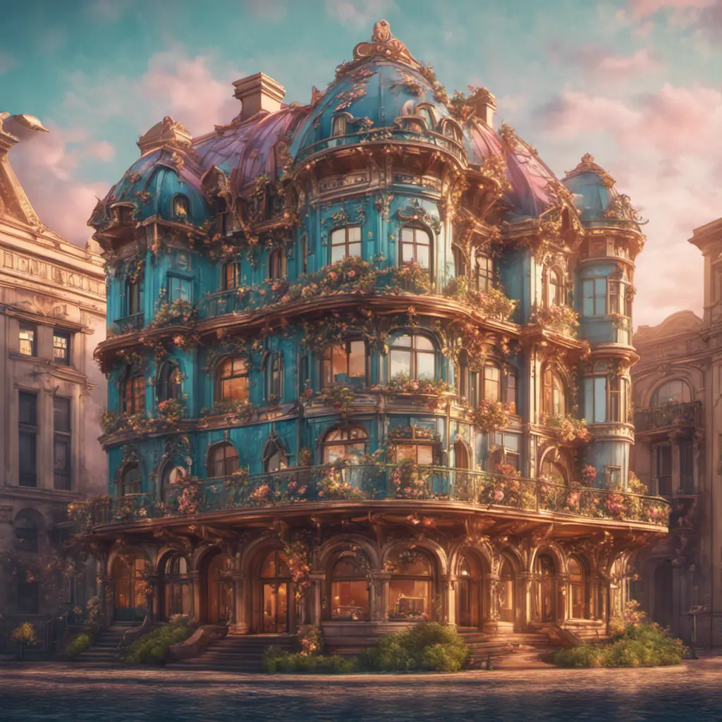 art nuveau exterior fantasy colorful building office space futuristic rococco baroques victorian, 8k, Highly Detailed, Hyper Detailed, Masterpiece, Vintage Illustration, Cinematic Lighting, Photo Realistic, Sharp Focus, Smooth, Octane Render, Digital Art, Vector Art, Soft